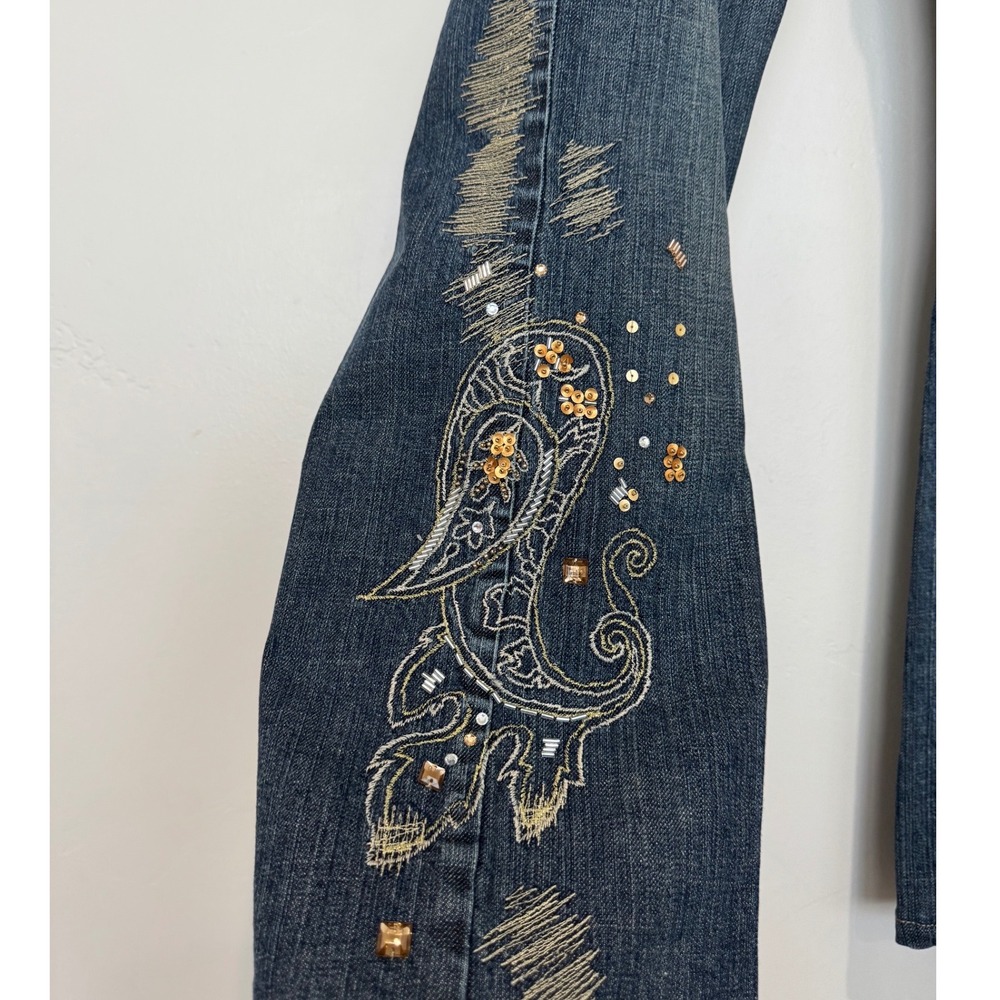 Chico's Platinum Embroidered Sequin Jeans Dark Wash Straight Ankle Blue 14 2.5 - Picture 4 of 6